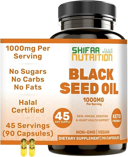 SHIFAA NUTRITION Aceite de semilla negra Halal | 1000 mg 45 porciones | Nigella Sativa, Kalonji | Apoya el cabello, la piel, las articulaciones, el