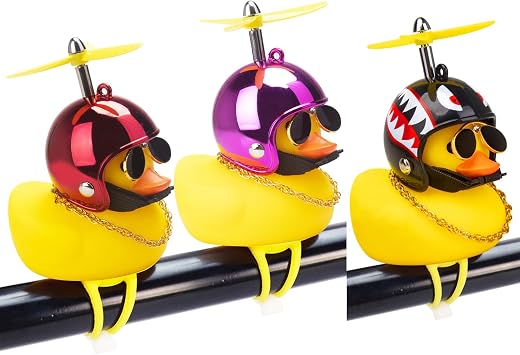 wonuu Duck Bike Bell with Light and Propeller Helmet Cute Ducks Bicycle Horn, Car Dashboard Decoration Squeeze Rubber Duck Motorcycle Bike Bells Ornaments Red&Rose&Shark