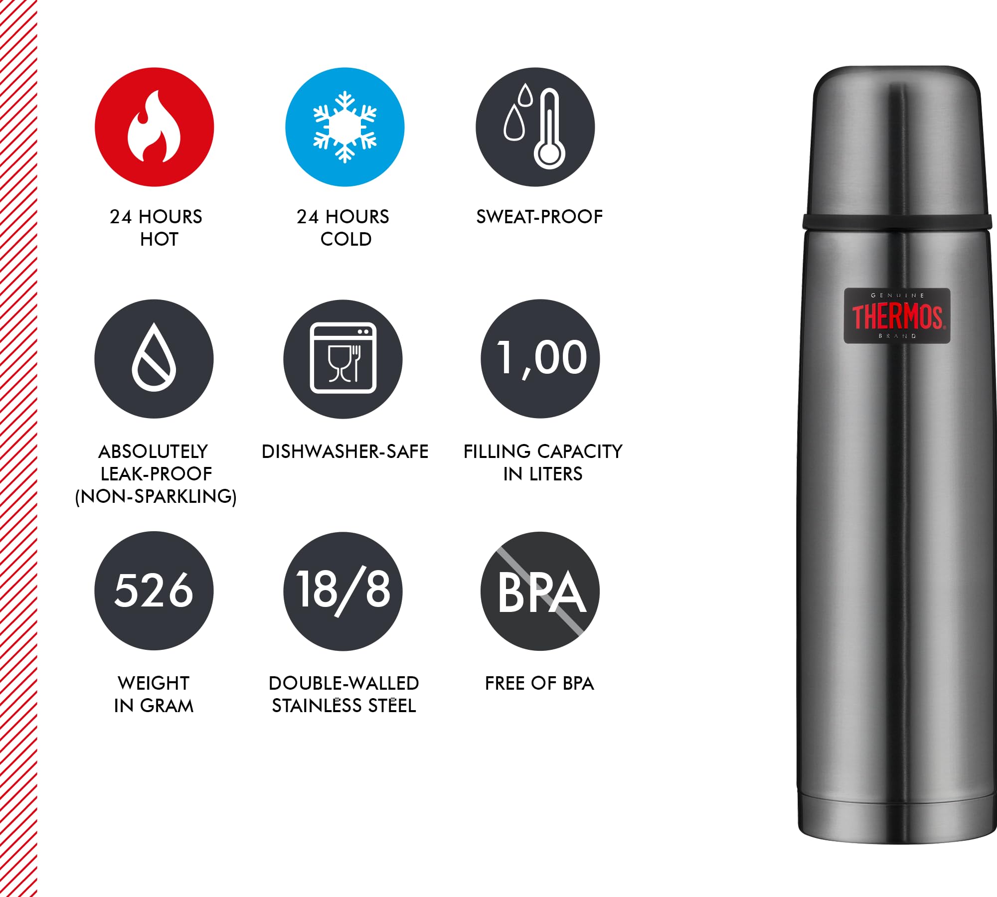 Termo Ligero y Compacto de Acero Inoxidable Mate de Thermos, Acero Inoxidable, Gris, 1 L