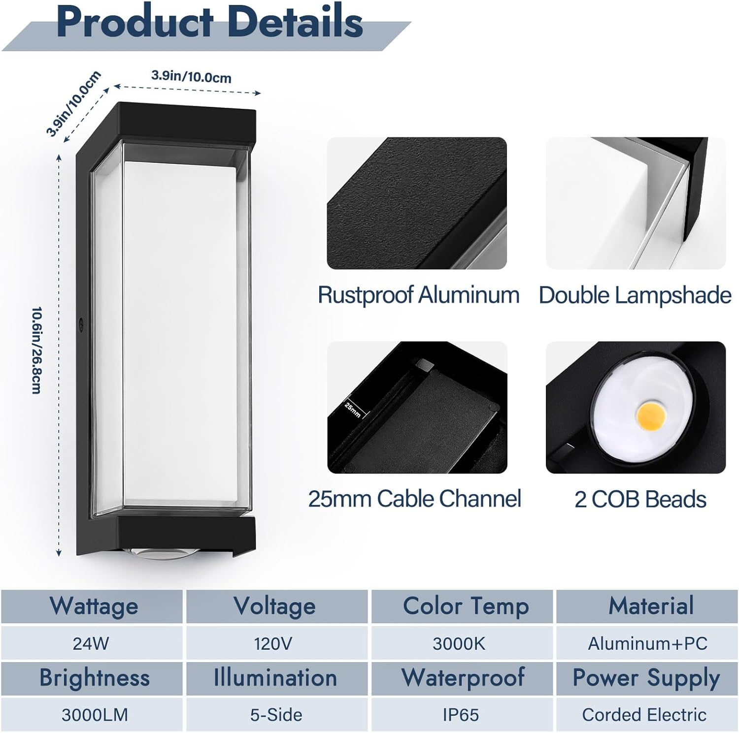 24W Outdoor Wall Light Fixtures, Exterior IP65 Waterproof LED Lantern, Black Porch Lights with Double Lampshades, 3000LM 3000K Sconces Wall Mount, Modern Wall Lamps for Garage Front Door Garden