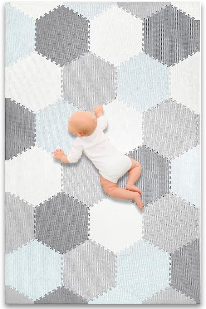 Baby Brielle Soft Non-Toxic Extra Thick Interlocking Hexagon 38 Tiles Foam Flooring for Babies and Toddlers - Exercise Mats for Crawling, Playing - Floor Mat for Nursery Room - 70.5"x46", Grey