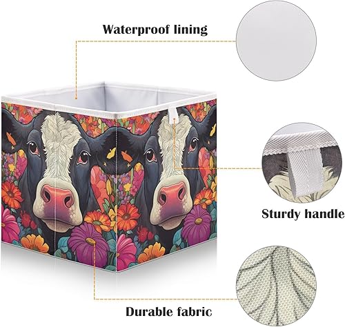 Miniatura 4 de Vnurnrn Cubo de almacenamiento plegable, hermosa vaca en estampado de flores, cestas organizadoras con tablero de soporte para estante armario