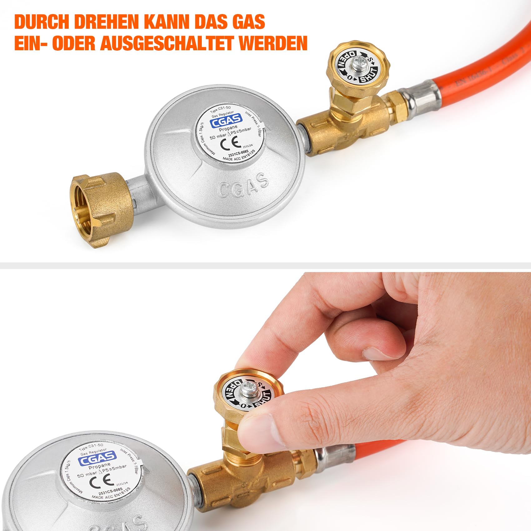 onlyfire Gasdruckregler für Gasflaschen, Ausgangsgewinde G1/4"-LH, 50mbar, Gasregler Druckminderer für Camping Gasgrill, Gasdruckminderer mit Verstellbarem Schalter und Gasschlauch 120cm