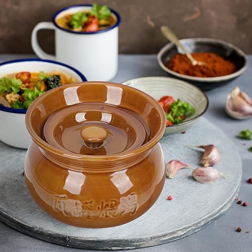 Miniatura 4 de Veemoon Olla pequeña de cerámica china para estofado Cazuela de arcilla con tapa, utensilios de cocina hechos a mano, olla de frijoles, utensilios