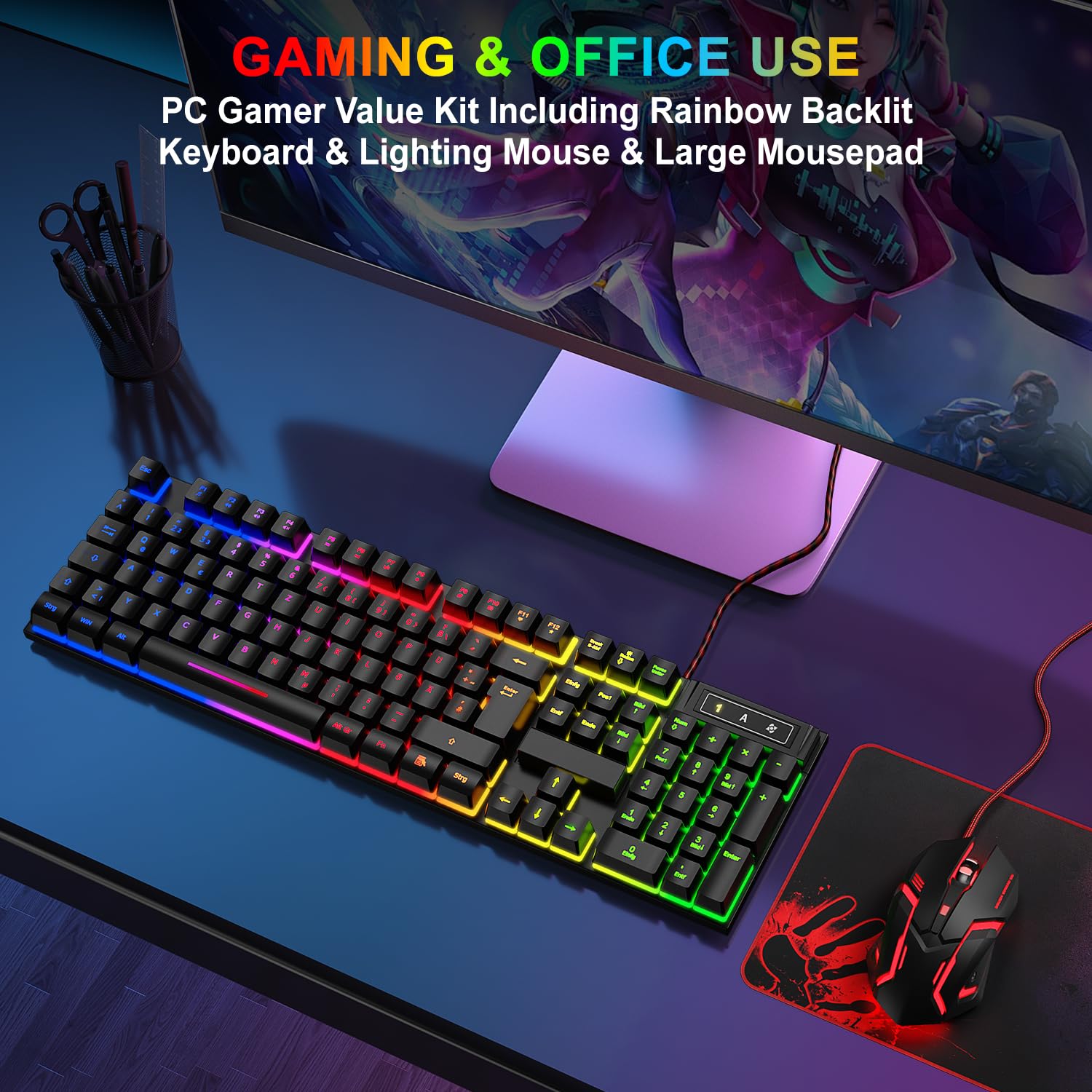 Gaming Tastatur und Maus Set, QWERTZ DE Layout, RGB Hintergrundbeleuchtete Kabelgebundene Tastatur, Ergonomische 4 Farbige LED Gaming Maus, Großes Mauspad, USB Plug & Play für PC PS4 Xbox