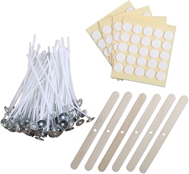 MILIVIXAY 3.5" Candle Wick Bundle 100PCS Candle Wicks, 100PCS Candle Wick Stickers and 6PCS Wooden Candle Wick Holders - Wicks Coated with Paraffin Wax, Cotton Wicks Kits for Candle Making.