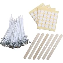 MILIVIXAY 3.5" Candle Wick Bundle 100PCS Candle Wicks, 100PCS Candle Wick Stickers and 6PCS Wooden Candle Wick Holders - Wicks Coated with Paraffin Wax, Cotton Wicks Kits for Candle Making.