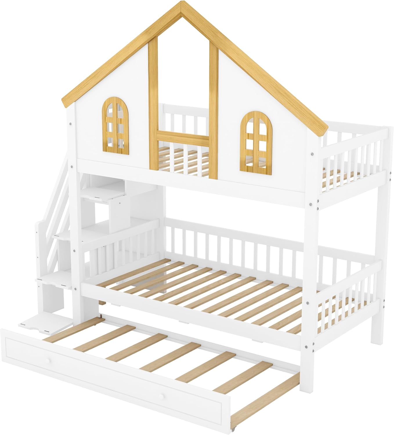 Angled view of the SOFTSEA bunk bed with the trundle bed pulled out, demonstrating its functionality.