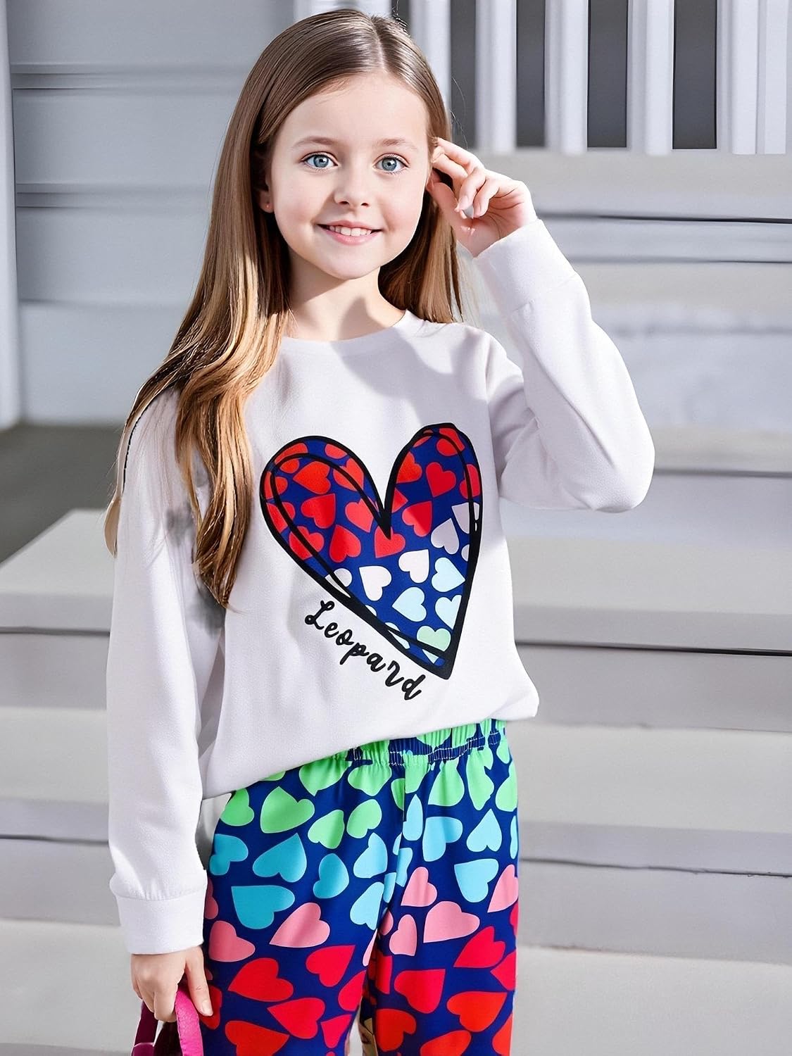 Kids Toddler Girl Clothes Heart Letter Print Long-sleeved round collar top+Letter Print Pants Outfits Set