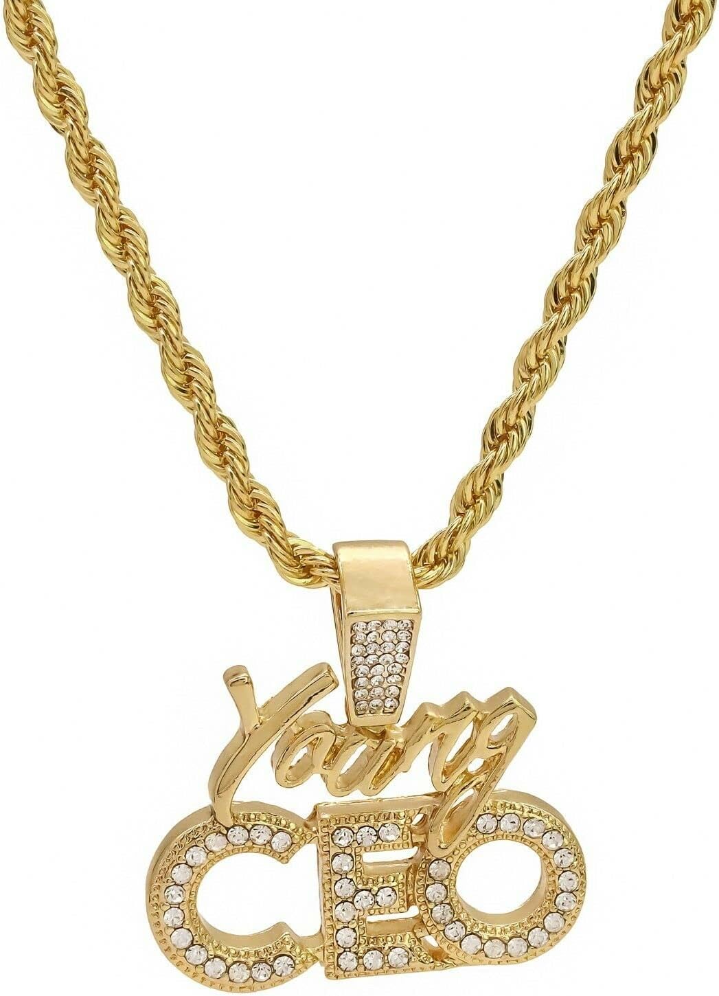 Iced Young CEO Pendant & 4mm 24" Rope Chain Fashion Bling Hip Hop Jewelry Gold Silver Necklace