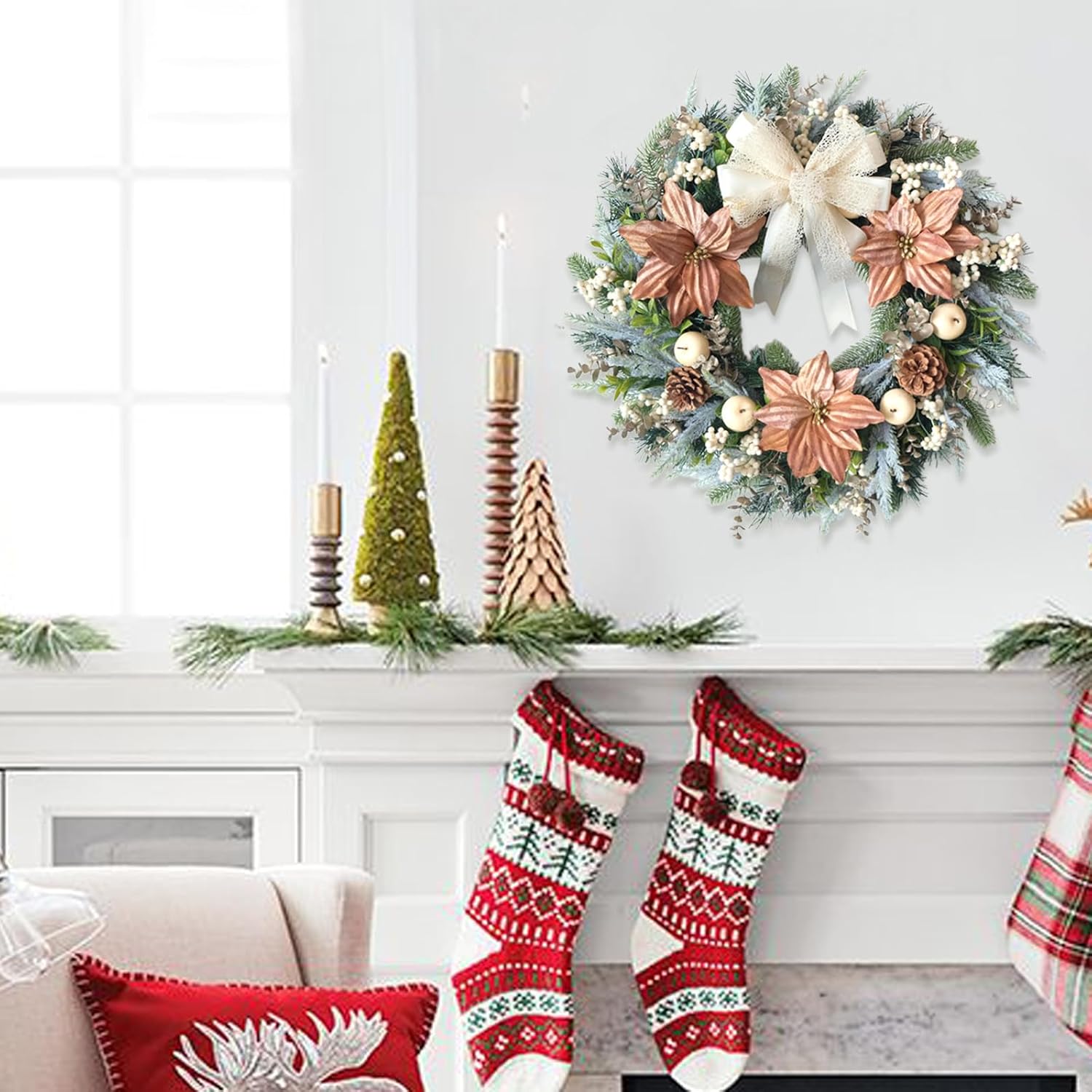 24 Inch Winter Christmas Pink Poinsettia Flower Wreath for Front Door, Winter XMAS Wreath with Lace Bow White Berries Apples for Indoor Outdoor, Rustic Farmhouse Christmas Wreath for Home Decor - Image 4