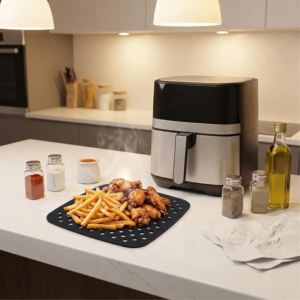 Tappetini in silicone per friggitrice ad aria calda, 2 pezzi, 21,5 cm, tappetini riutilizzabili per friggitrice ad aria calda, carta da forno in silicone forata per friggitrice ad aria calda (nero) - 4