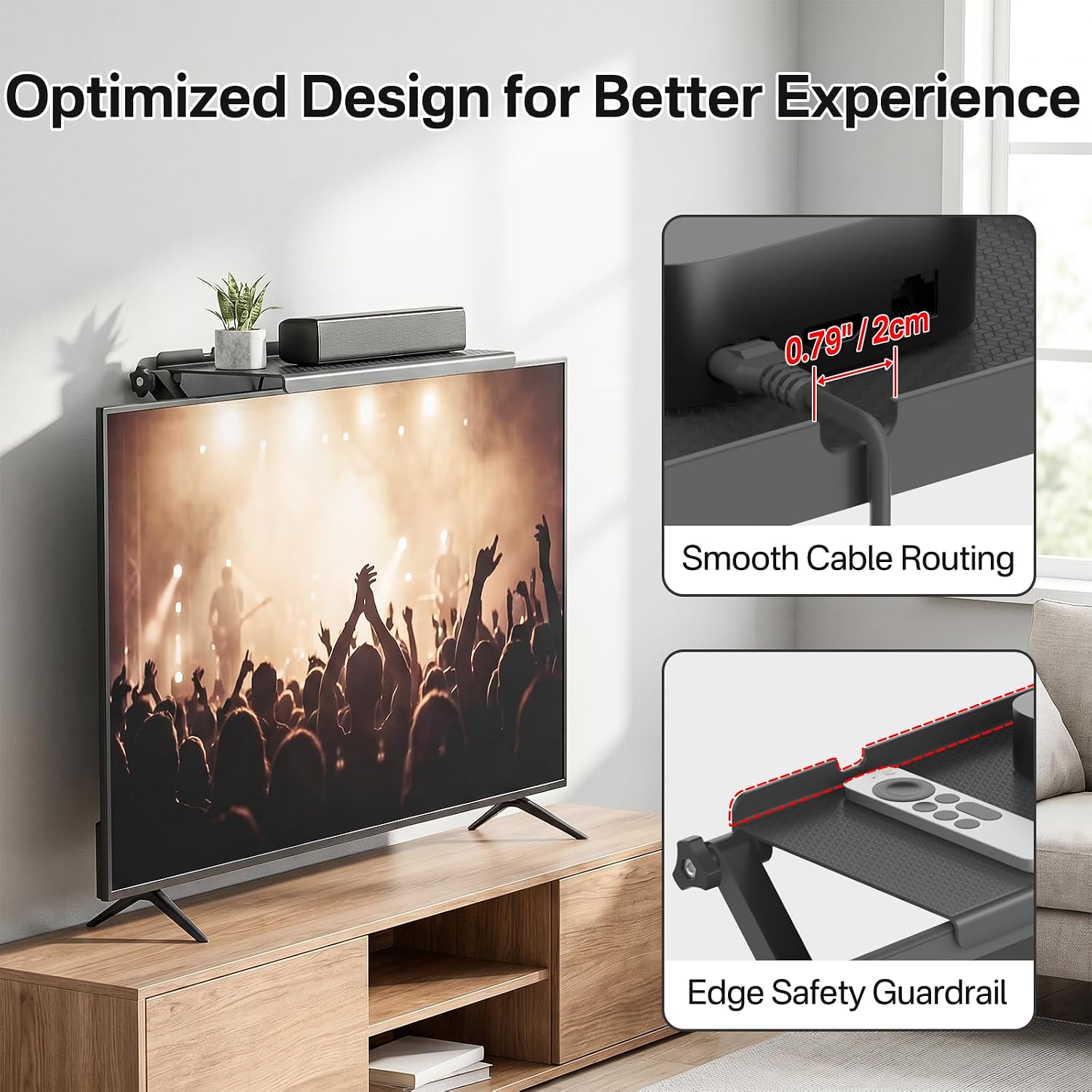 13" × 6.3" TV Top Shelf with Remote Holder - No Drill Top of TV Shelf with Anti-Scratch Adjustable Feet for Streaming Devices, Cable Box, Router & Decorations TV Top Mount Shelf, 1 Pack