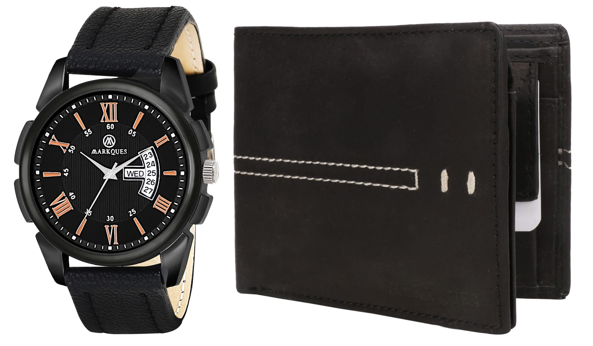 MARKQUES Mens Watch and Wallet Combo Gift Set (Day and Date Watches) (Black, Leather) (IND-220101 VIN-01) (B0917PD264) Amazon Price History, Amazon Price Tracker