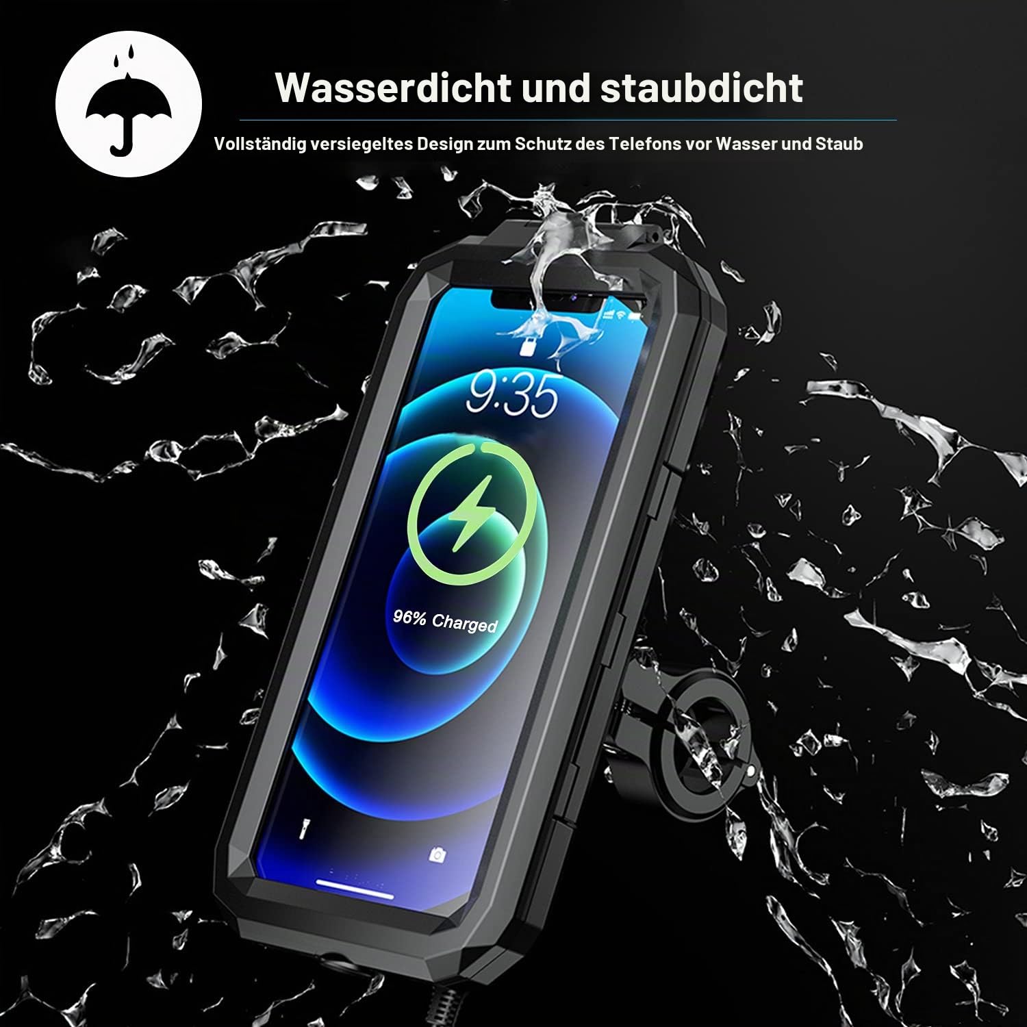 iMESTOU Wasserdichtes Motorrad Wireless USB C Telefonmontage, Lenker Handyhalter 360 Rotation Passt für 5,5"-6,8" Smartphones, funktioniert mit 12/24V Motorrädern (L)