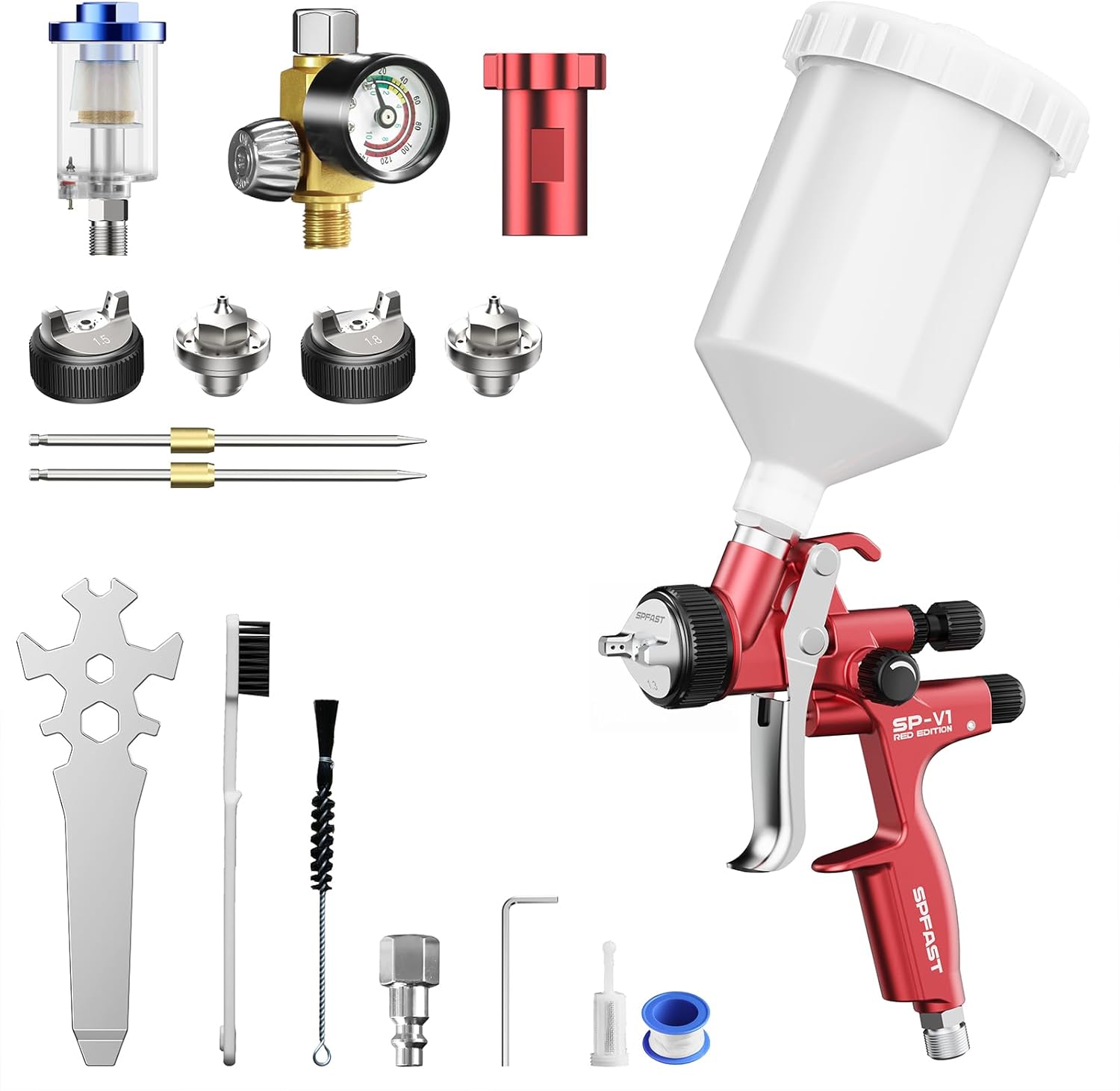 SP-V1 HVLP Air Spray Gun Kit House & Car Paint Gun, with 1.3/1.5/1.8mm Nozzles Automotive Paint Gun for Furniture, Base & Top Coating, Low Overspray