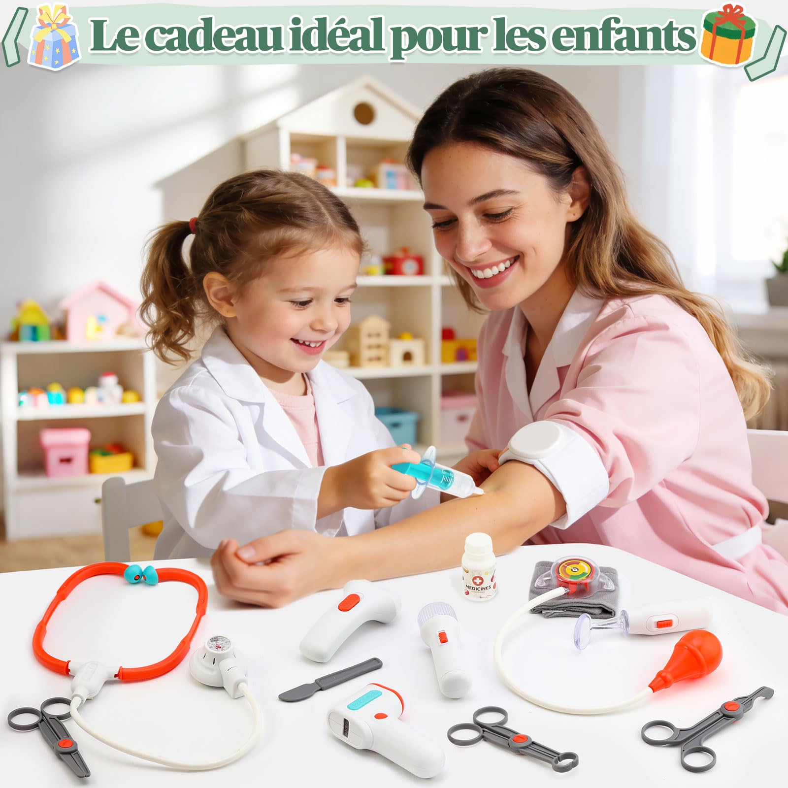 VBACALA Malette Docteur Enfant,Set de 17 Pièces avec Stéthoscope,Seringue,Thermomètre, Sacoche de Médecin,Jouets pour Jeux de Rôle chez Le Dentiste,Jouet d'Imitation et Cadeau pour Enfants dès 3 Ans