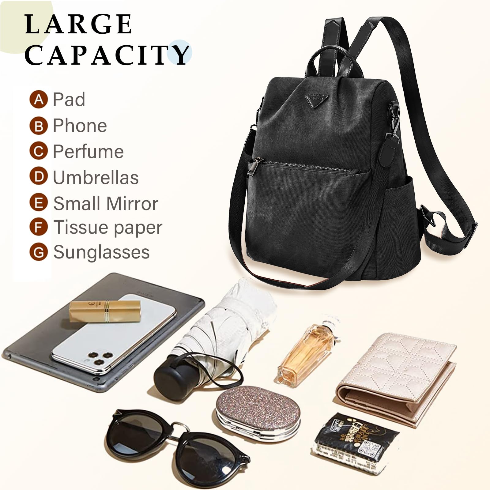 Leathario Zaino Da Donna Antifurto e a Prova di Spruzzi, Zainetto Multifunzionale in Pelle Vegana, Borsa Casual ed Moda per Viaggio, Scuola, Lavoro, Shopping, Visite e Università Nero