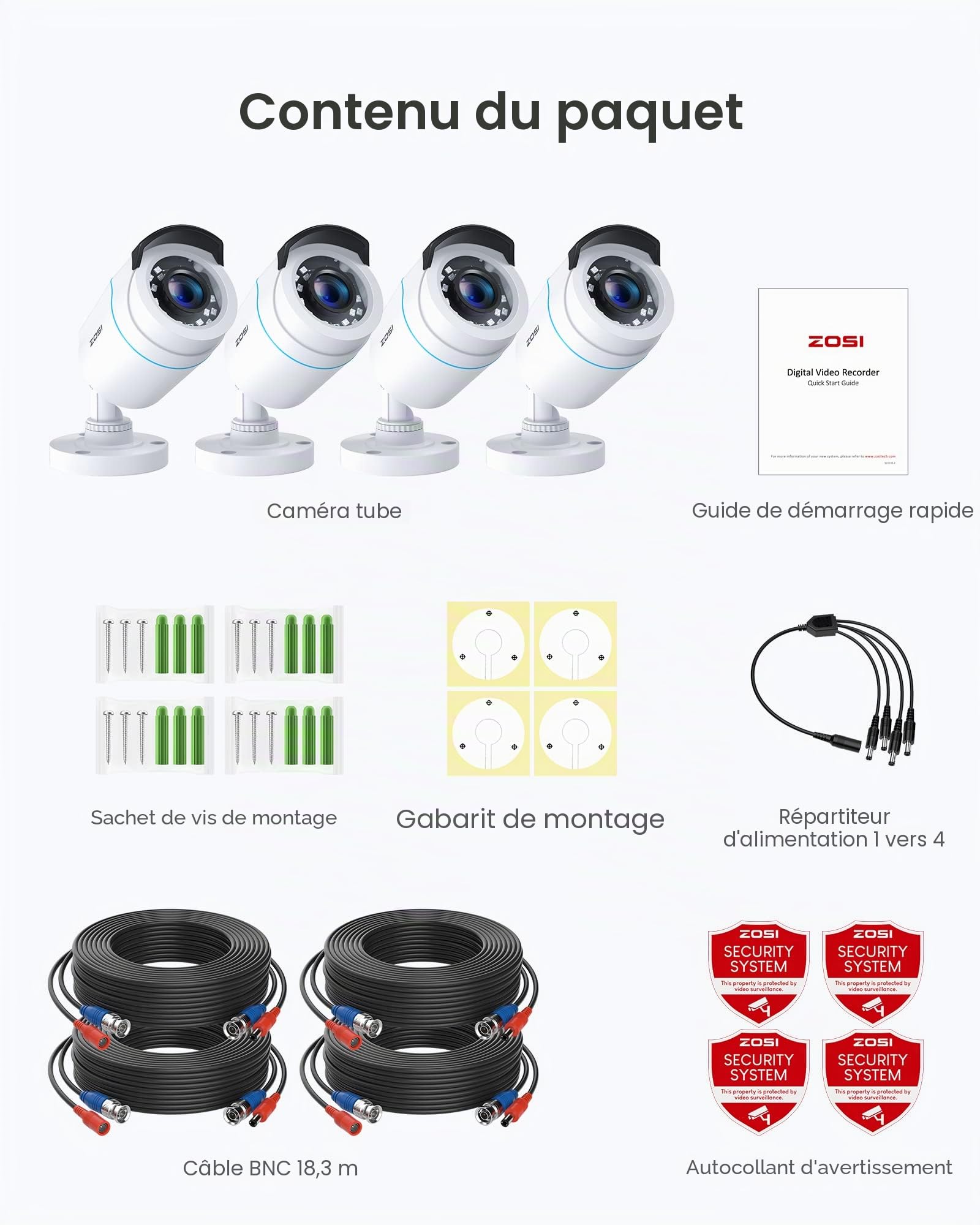 ZOSI Pack 4 Caméra Surveillance Filaire Extérieure 1080P HD-TVI