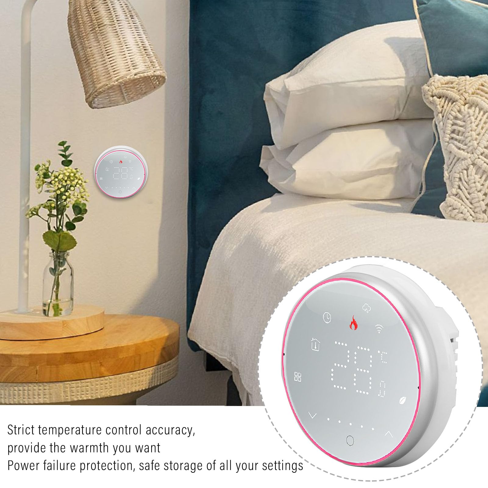 Yosoo Health Gear Inteligentny Termostat Domowy, Bezprzewodowy Inteligentny Termostat ze Sterowaniem Głosowym w Aplikacji Wi-Fi, Ekran Dotykowy LED, Program Tygodniowy od 41 do 95°F, dla (WHITE)