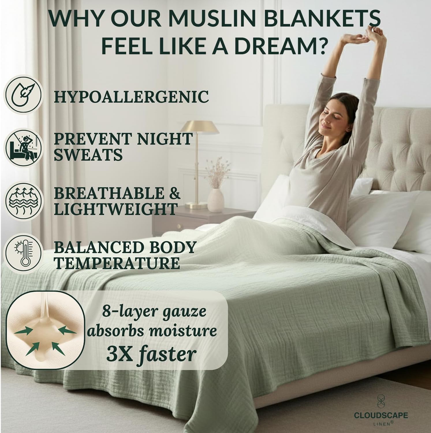 CLOUDSCAPE 8 Layer Muslin Blanket Queen Size for Adults - 100% Cotton Gauze Layering Summer Blanket, 92"x92" Fits Upto Full Size Bed, Heavyweight, Breathable Soft, All Season - Olive Green