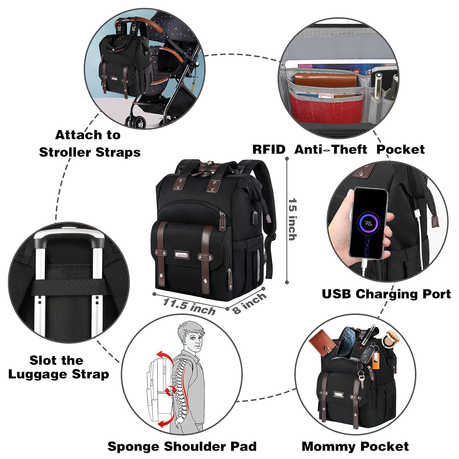 Diaper Bag Backpack with USB Charging Port,RFID Anti-Theft Water-Resistant Pocket Stroller Straps,Insulated Pockets Portable Baby Nappy Bags,Dad Mom Travel Backpack Diaper Bag for Baby Boys Girls