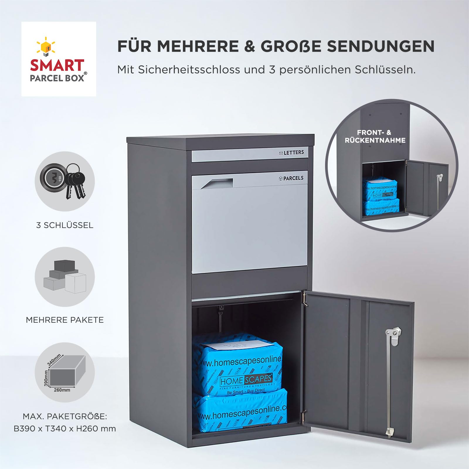 Smart Parcel Box Paketbox XXL - Paketbriefkasten wetterfest, grau | Briefkasten mit Paketfach draußen groß, Entnahme hinten & vorne, rostfrei, verzinkter Stahl, pulverbeschichtet