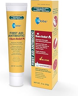 Globe First Aid Antibiotic Ointment + Burn Relief (2 OZ), Maximum Strength Triple Antibiotic Ointment with Burn Relief, (2 Ounce)