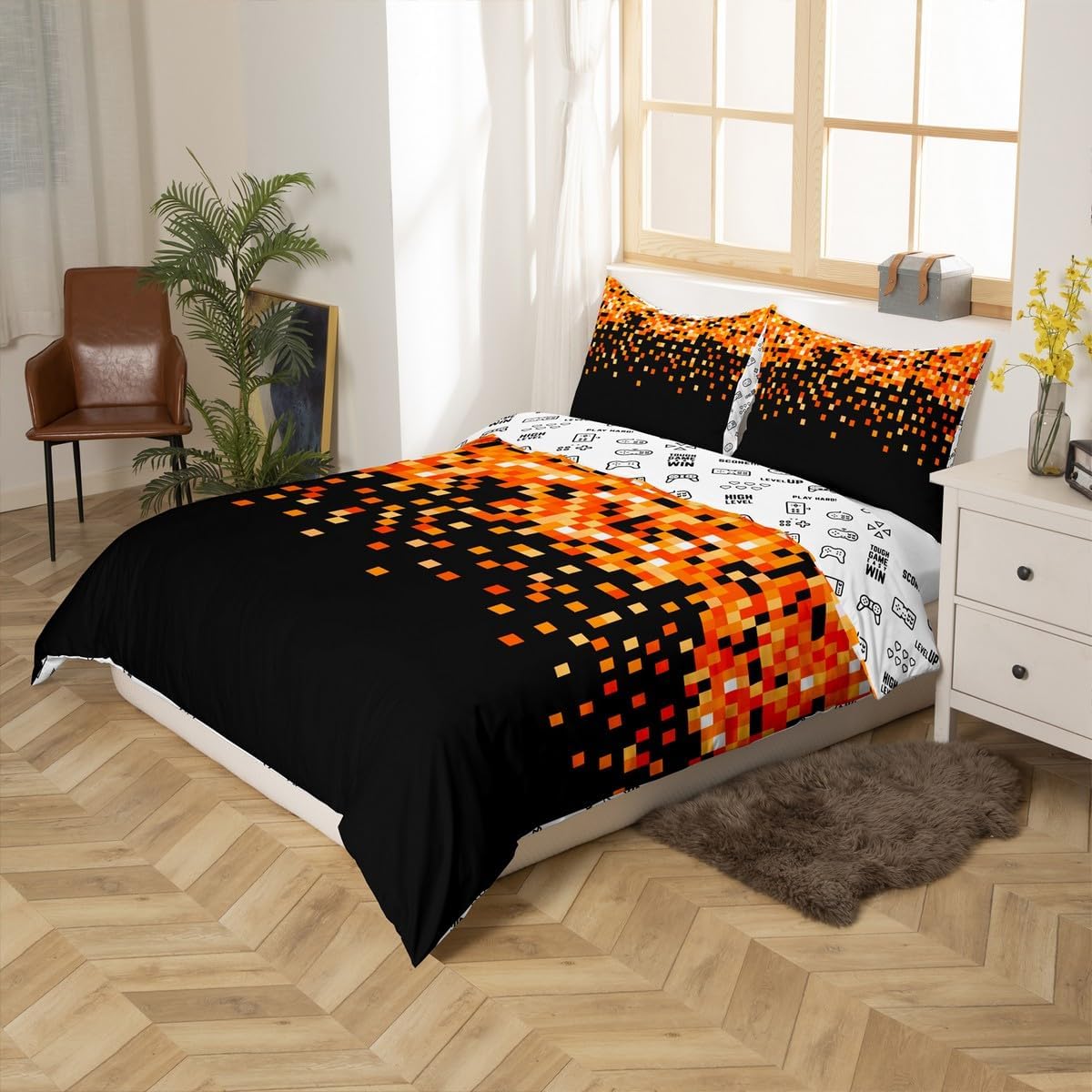 Castle Fairy Video Games Duvet Cover Set Full Size,Orange Pixel Block Bedding Sets 3Pcs for Kids Girls Boys Adult Room Decor,Miner Themed Gaming Comforter Cover Modern Black Quilt Cover,2 Pillowcases image 2
