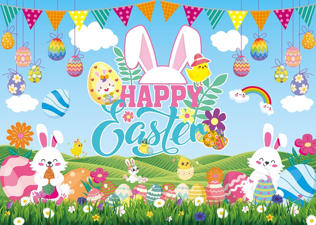Happy Easter Backdrop Cartoon Colorful Eggs Bunny Rabbit Chick Floral Green Grass Spring Easter Photography Background for Kids Baby Shower Birthday Party Decor Banner Photo Props (6x4FT)
