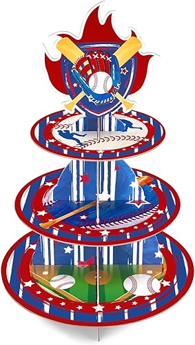 WERNNSAI Soporte para cupcakes de béisbol, decoraciones de cumpleaños con temática de fútbol, bandeja de 3 niveles, soporte para tartas de desierto,