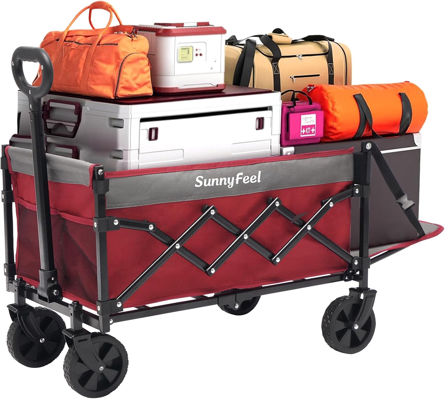 SUNNYFEEL 330lbs Wagons Carts Foldable with Extended Tailgate,Heavy Duty Collapsible Folding Wagon Carts with Wheels,Lightweight Fold Up Wagon Cart for Outdoor Camping Beach Garden Grocery(Red)