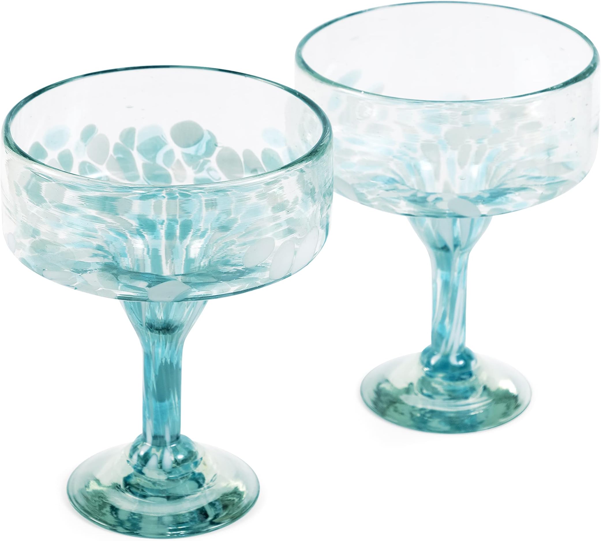 16 oz Hand Blown Mexican Margarita Glasses Set of 2 - Ocean Blue Confetti
