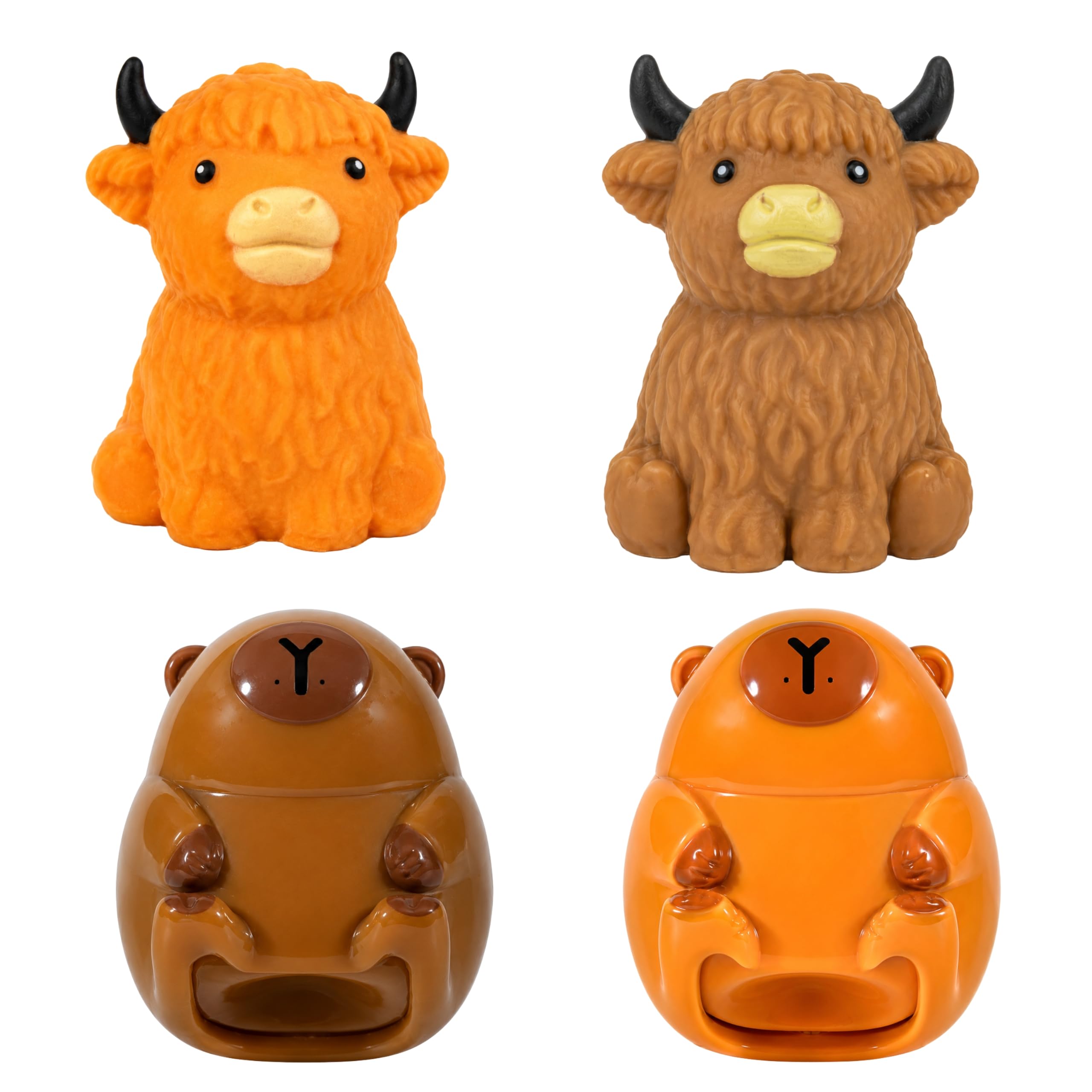 4pcs Random Squishy Toy Set – 2x Capybara & 2x Highland Cow, Soft Slow-Rising Squeeze with Glossy Finish, Fidget Sensory Stress Relief Toys for Kids & Adults, Cute Kawaii Animal Gift Bundle