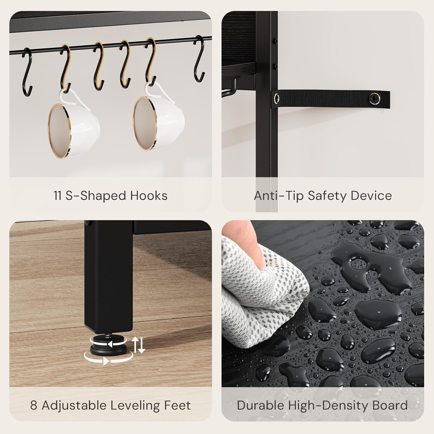 Large Bakers Rack with LED Lights & Power Outlet, 55" Wide Microwave Stand with Storage Shelves, 6-Tier Kitchen Racks and Shelves, Wine Glass Holder, 11 Hooks with App Control