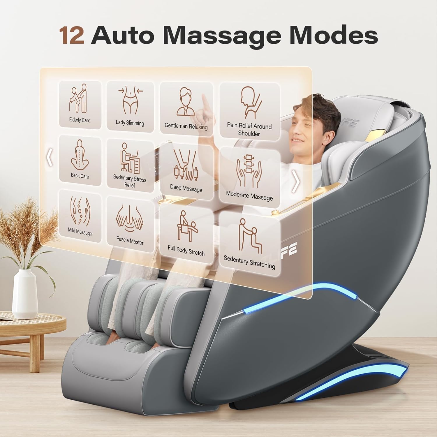 TLIFE Massage Chair Full Body, 160°Zero Gravity Recliner with Body Scan, 50" SL-Track Shiatsu Massage Chair, Fixed Point Massage, Foot Rollers, 12 Auto Modes, Deep Yoga Stretch, Heating, Grey - Image 3