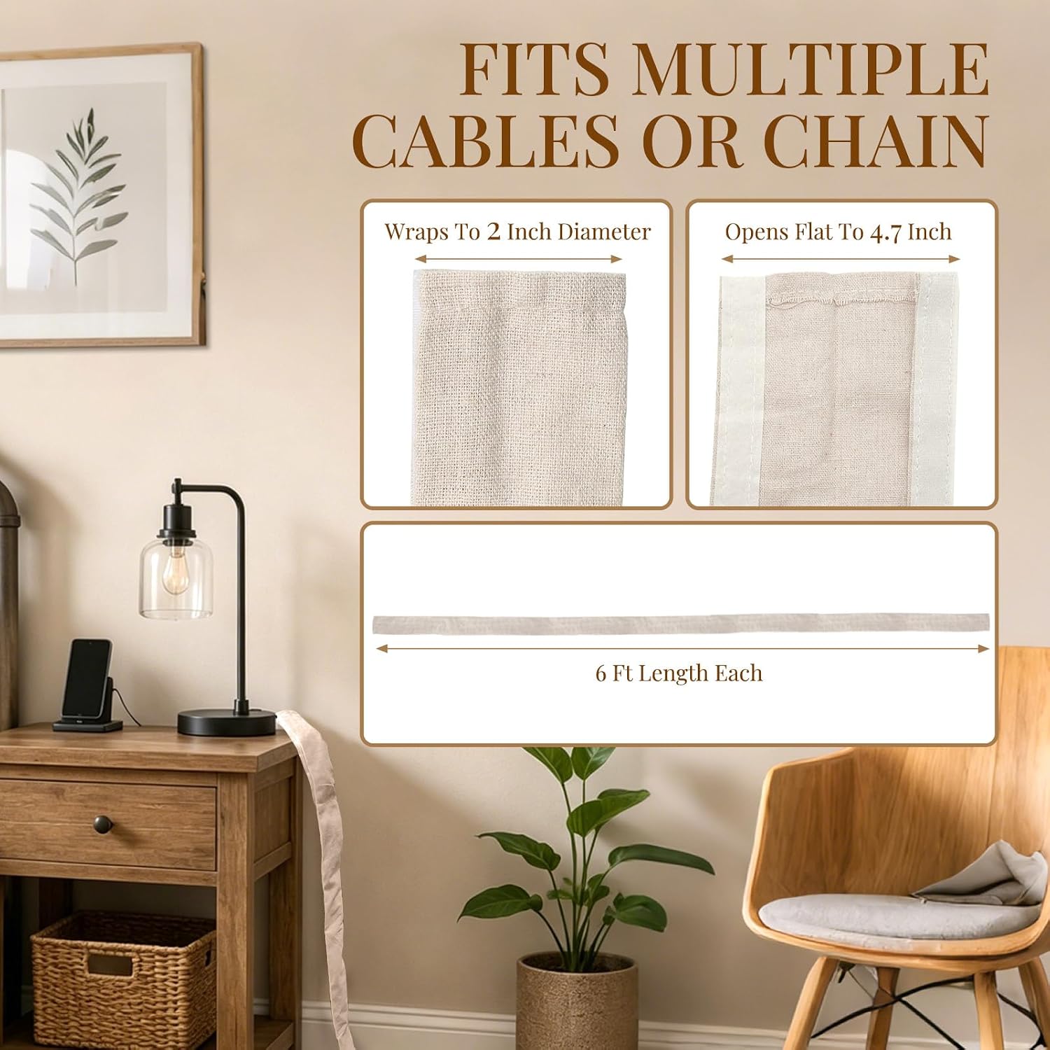 XMJY 2 Packs 6Ft Fabric Cord Cover, Linen Fabric Cord Cover for Chandelier Chain, Wires, Wall, Hook and Loop Cable Hider for Home Decor, Soft Wrap for TV Computer Audio Cords