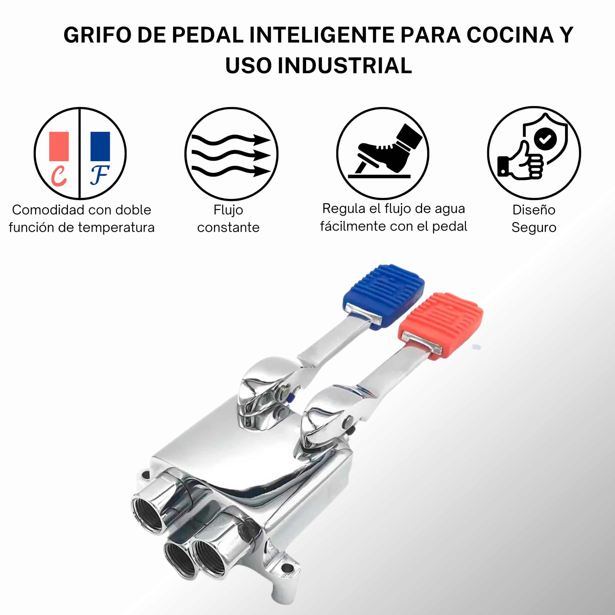 Grifo pedal 2 palancas y dos aguas. Especial Hostelería y laboratorios | Pedal instalación en suelo | Colocación en el piso debajo del fregadero | Ideal para fregaderos Industriales y Profesionales.