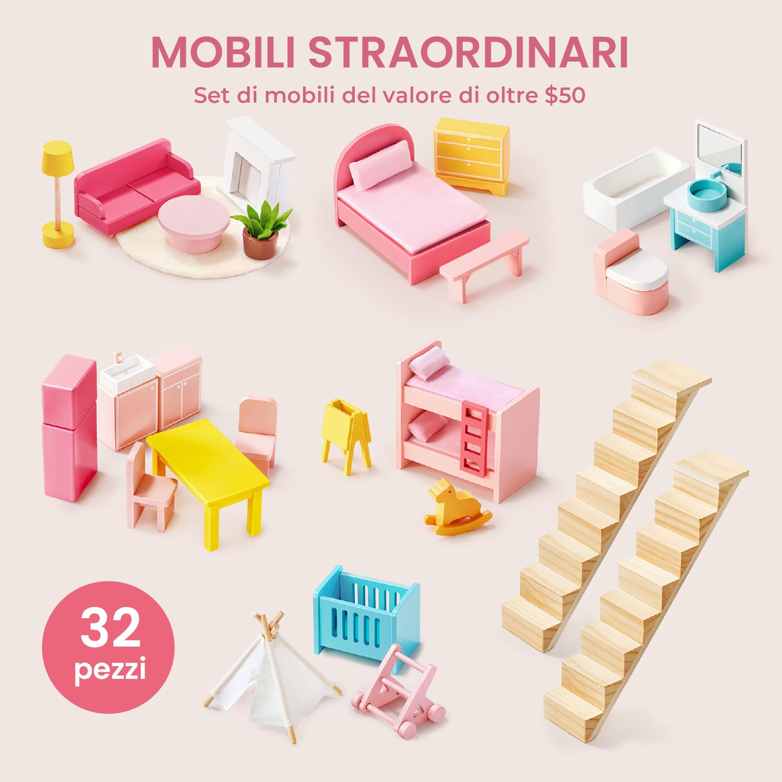 Tiny Land Casa delle bambole in legno per ragazze - 6 camere casa delle bambole in legno, fai da te Pretend Dream House con 30 accessori per mobili, regalo per ragazze dai 3 anni in su