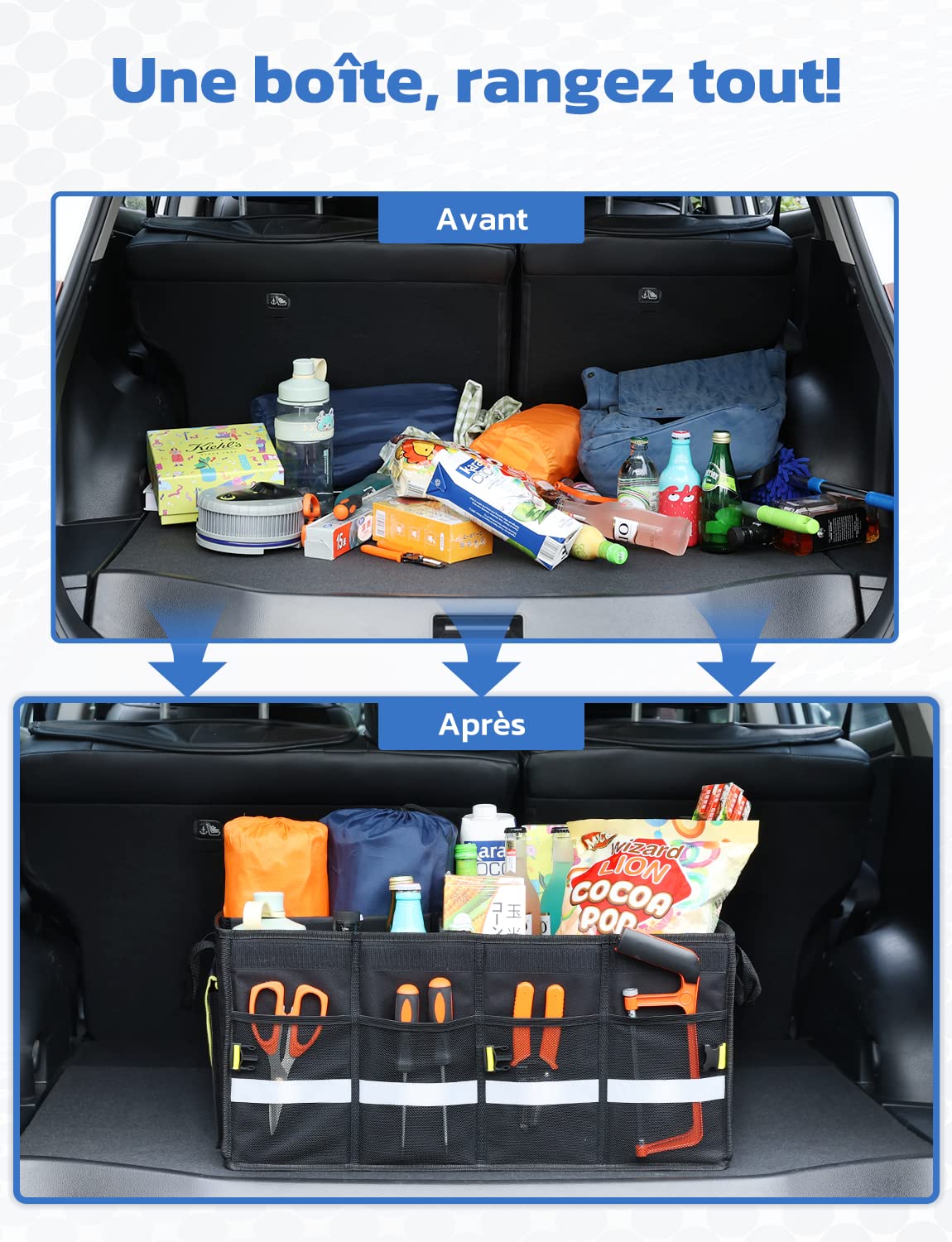Oasser Rangement Coffre de Voiture Organisateur Coffre Voiture 55L en 600D Support 30KG Etanche Multi-compartiments avec Couvercle Pliable et Bande Réfléchissante pour SUV Camion