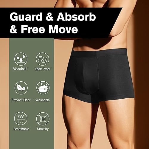 Vista 4 de Men’s Incontinence Underwear 2.3 oz Absorbency Protection Adult Leak Proof Boxer Briefs Washable Bladder Leakage Cotton 3 Pack (3 Black, M) 2 Negro