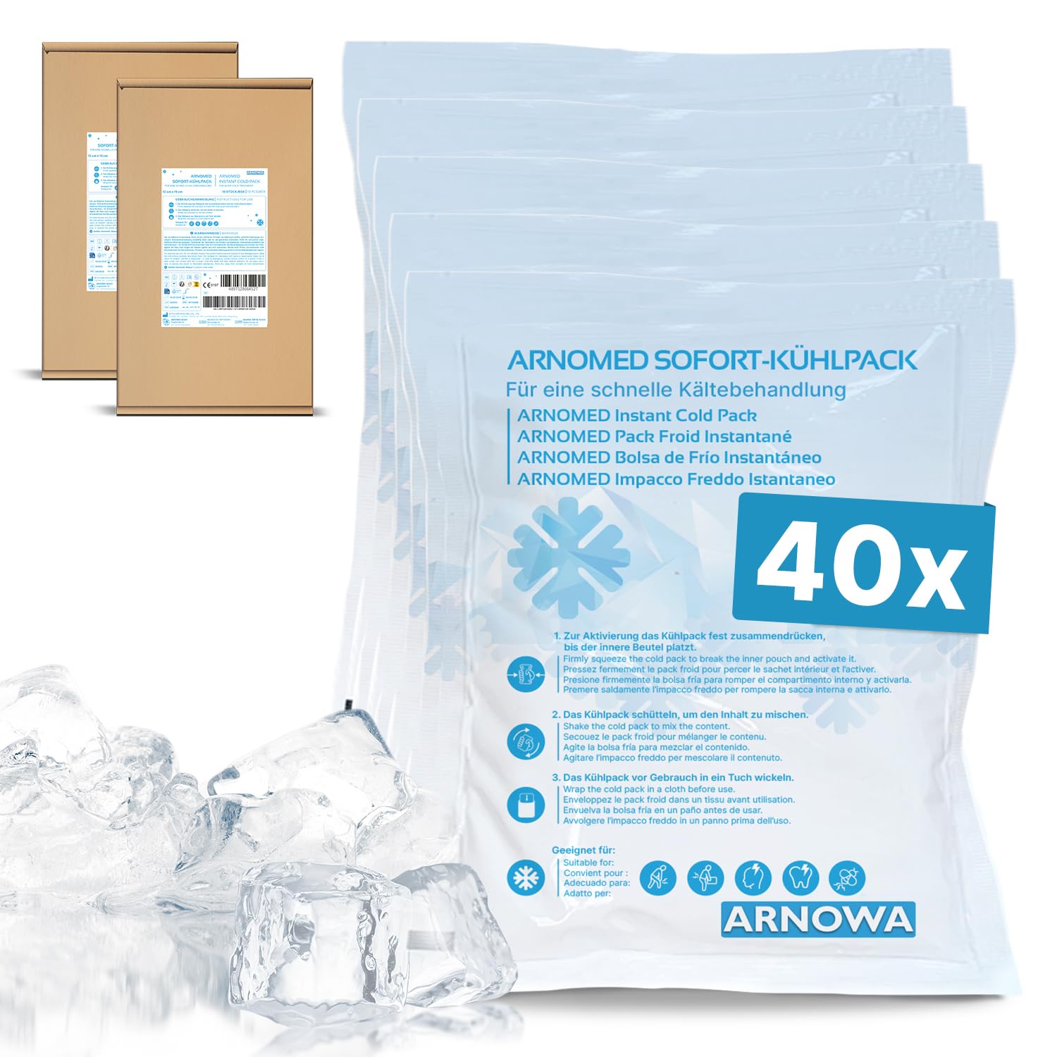 ARNOMED® Einweg Sofort Kühlpads, Direkt Kühlpack zum Knicken, Instant Cold Packs für Schwellungen & Verletzungen, Einweg Kältekompressen für Sport & Erste Hilfe, Coolpack