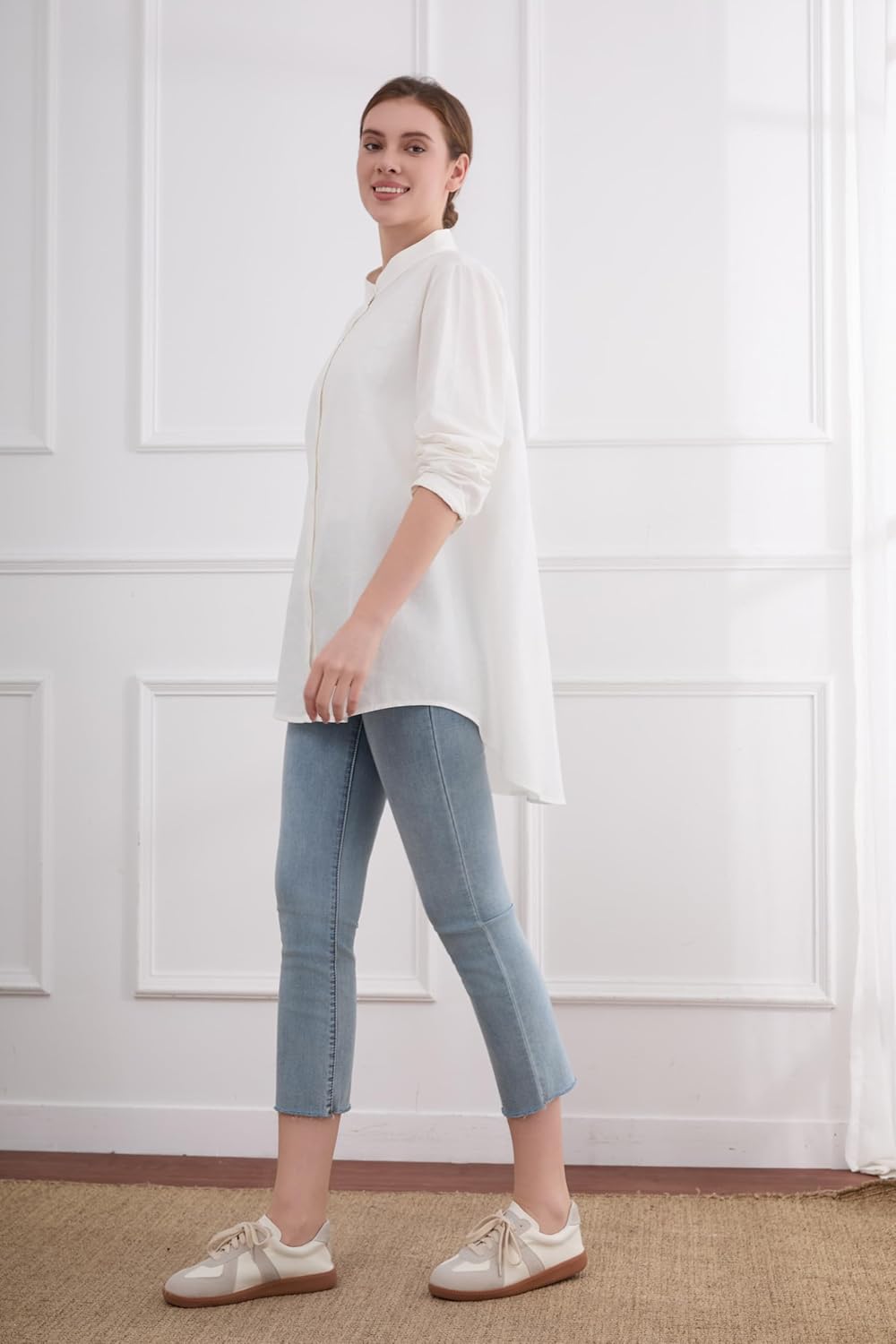 Minibee Women's Cotton Linen Shirt High Low Button Down Embroidered Blouse Long Sleeve Tunic Tops - Image 4