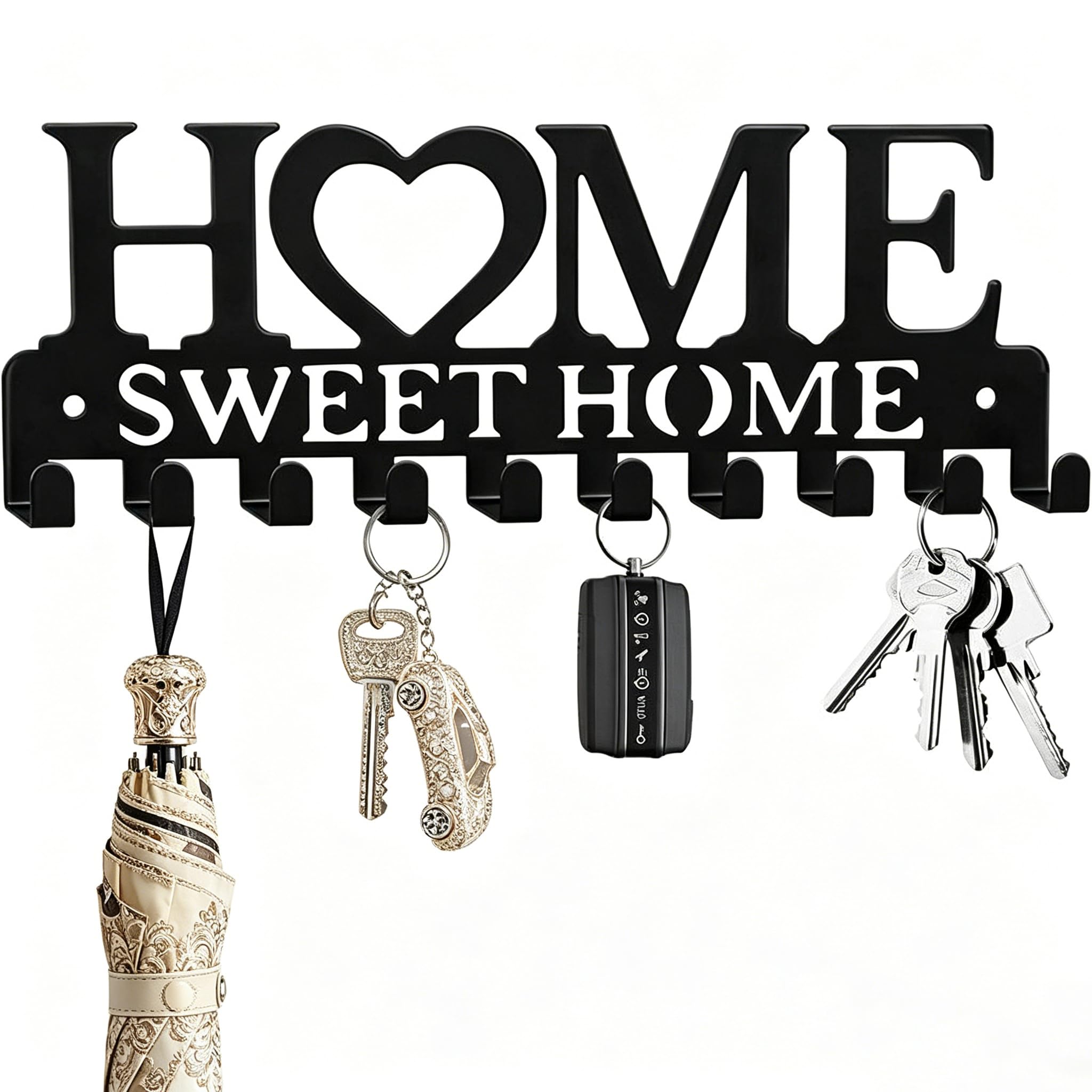 Vwejofff 10 Hooks Heavy-Duty Key Holder for Wall - Black Metal Key Hooks, Self-Adhesive or No-Drill, Keys Hanger for Entryway, Home, Office & Door Decor, Keys Hook Organizer for Living Room Kitchen