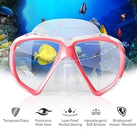 Snorkel Diving Mask Panoramic HD Swim Mask, Anti-Fog Scuba Diving Goggles,Tempered Glass Dive Mask Adult Youth Swim Goggles with Nose Cover for Diving, Snorkeling, Swimming (Pink)