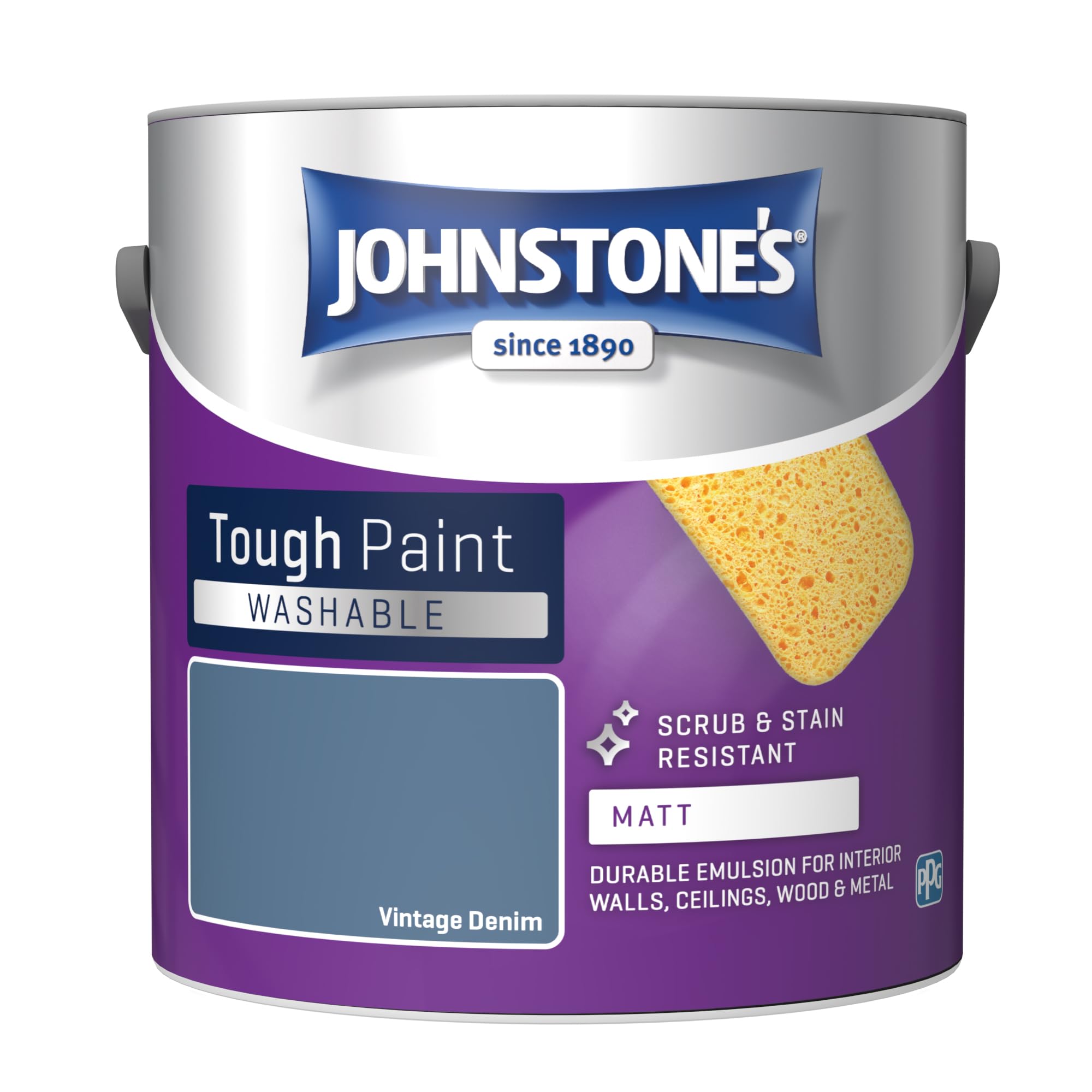 Johnstone's - Washable Paint - Vintage Denim - Matt Finish - Emulsion Paint - Highly Durable - Stain Resistant - Non Toxic & Low Odour - 12m2 Coverage per Litre - 2.5L