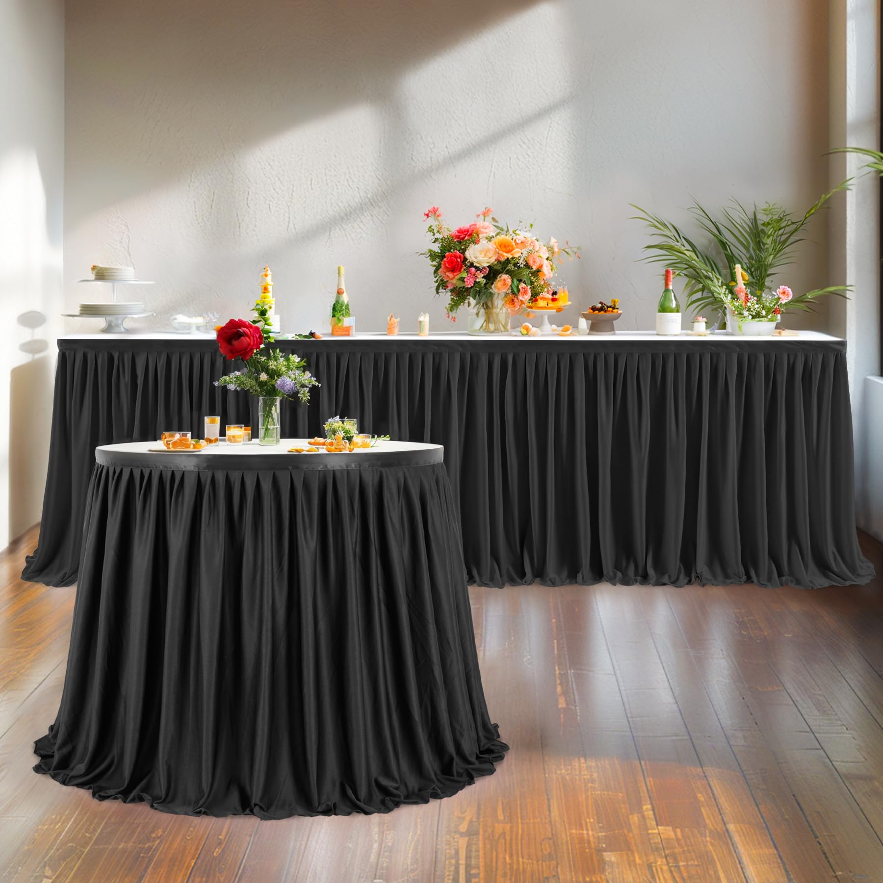 Faldones de mesa negros de 12 pies para mesas rectangulares, falda de mesa de poliéster, faldas de escritorio, falda de mantel con volantes para fiesta de cumpleaños, banquete, fiesta temática negra,