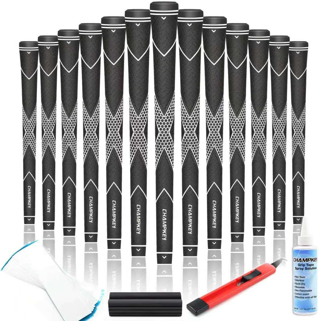 CHAMPKEY Premium Rubber Golf Grips 13 Pack | High Traction and Feedback Rubber Golf Club Grips | Choose Between 13 Grips with 15 Tapse and 13 Grips with All Kits