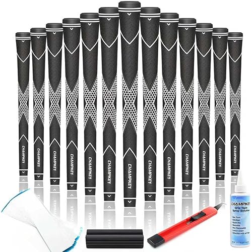 CHAMPKEY Premium Rubber Golf Grips 13 Pack | High Traction and Feedback Rubber Golf Club Grips | Choose Between 13 Grips with 15 Tapse and 13 Grips with All Kits