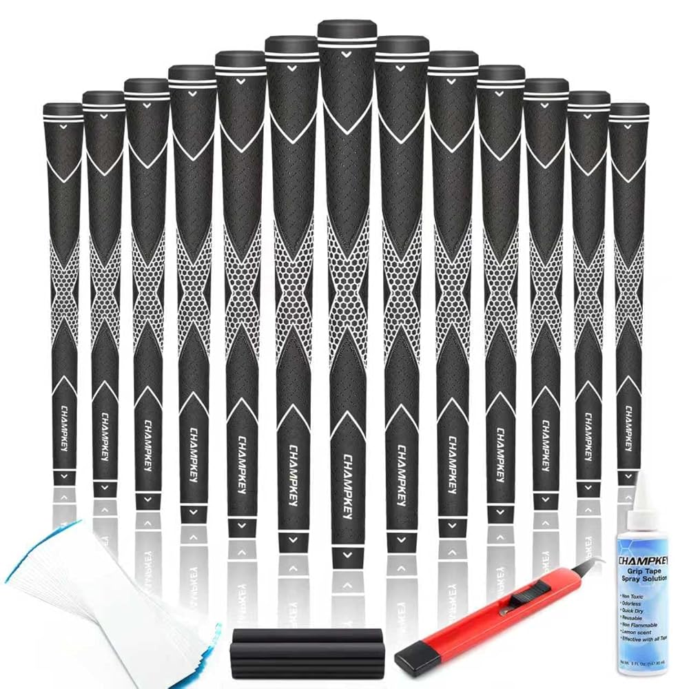 CHAMPKEY Premium Rubber Golf Grips 13 Pack | High Traction and Feedback Rubber Golf Club Grips | Choose Between 13 Grips with 15 Tapse and 13 Grips with All Kits